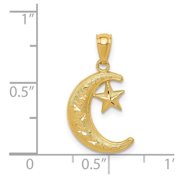 14k Yellow Gold Crescent Moon and Stars Pendant, 12mm - Picture 4 of 5